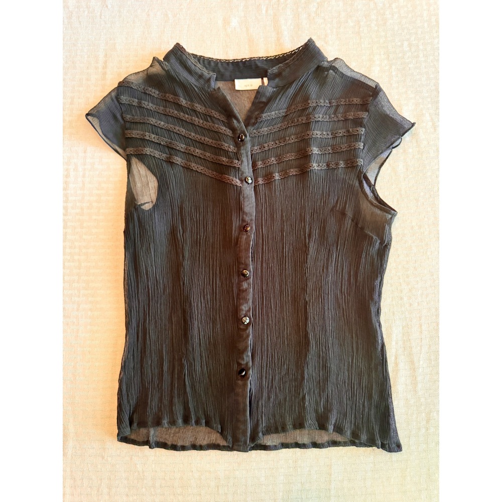Apt. 9 Black Sheer Pleated Lace Trim Button Front Blouse Mock‎ Neck Large
